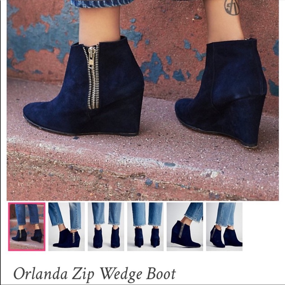 Dark navy suede wedge booties from Free People.